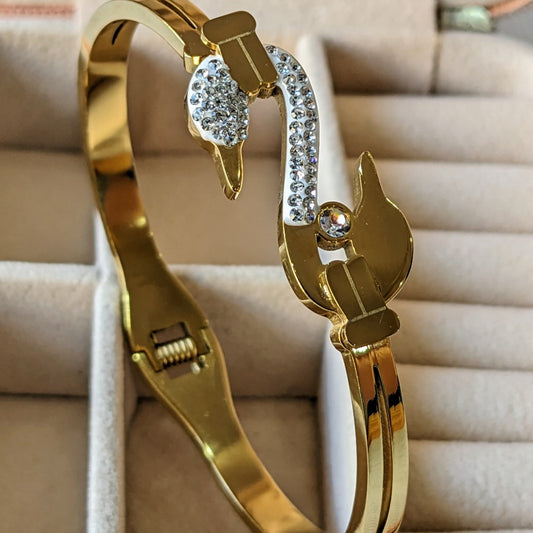 Diamond Stone Golden Swan Cuff Bracelet